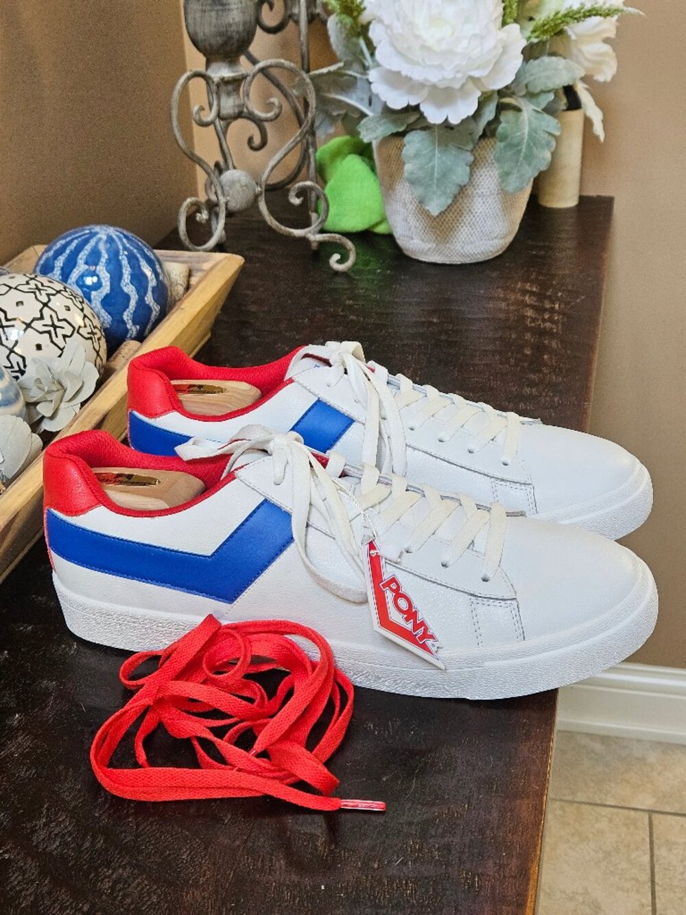 NWT PONY Men's Classic Low Top Sneakers, White/Blue/Red, Sz 13